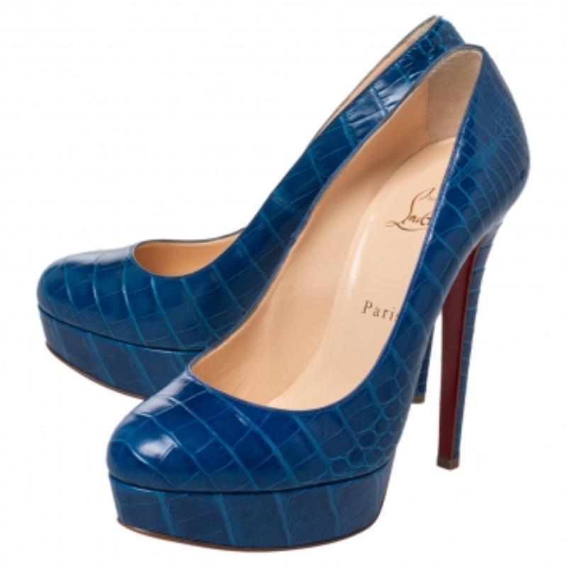 Christian Louboutin escarpins Bianca à plateforme en cuir d'alligator bleu, taille 39 1