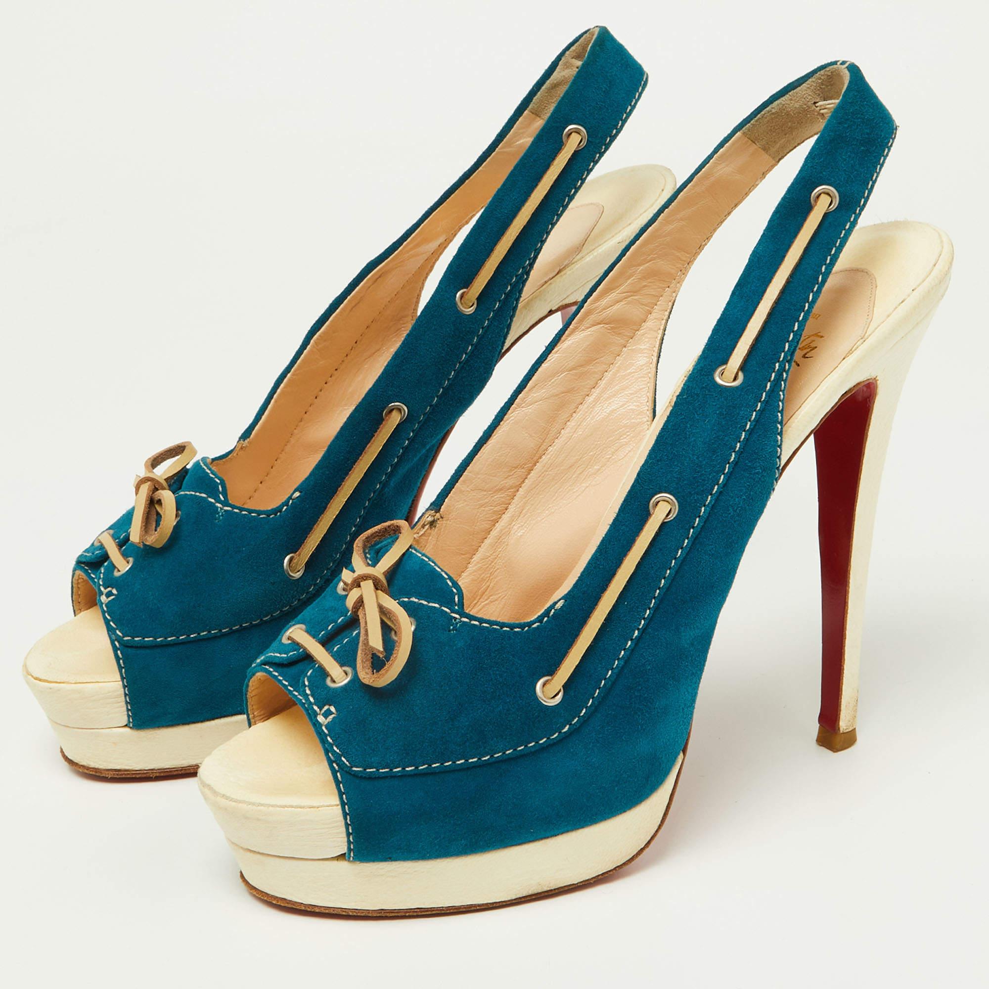 Dazzle everyone with these Louboutins by owning them today. Crafted from leather these beige sandals carry a mesmerizing shape with lace up on the vamps platforms and 14cm heels. Complete with the signature red soles this pair truly embodies the