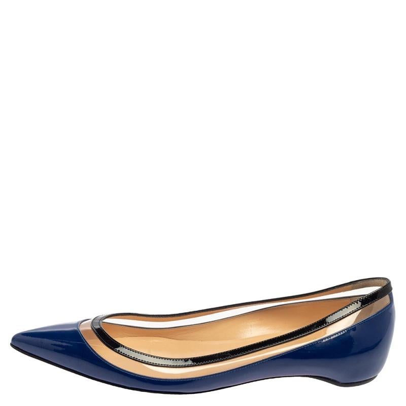 Slip into these Christian Louboutin flats and add grace to your strides. Crafted from patent leather, these shoes are accented with PVC trims. With pointed toes and robust soles, these flats will give a feel of luxury to your feet.

