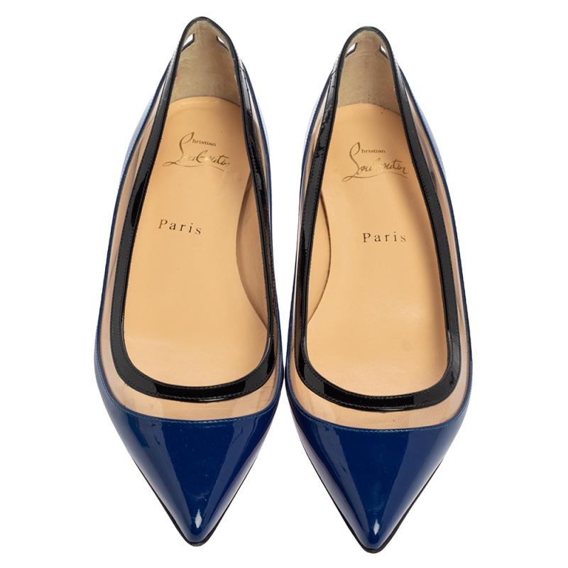 Beige Christian Louboutin Blue/Black Patent Leather And PVC Paulina Flats Size 37.5