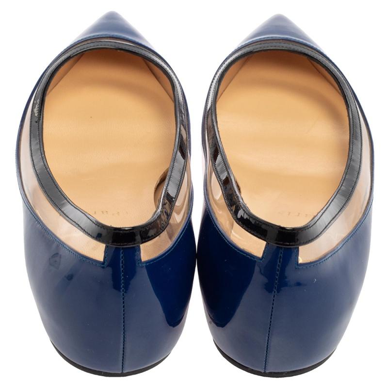 Christian Louboutin Blue/Black Patent Leather And PVC Paulina Flats Size 37.5 In New Condition In Dubai, Al Qouz 2