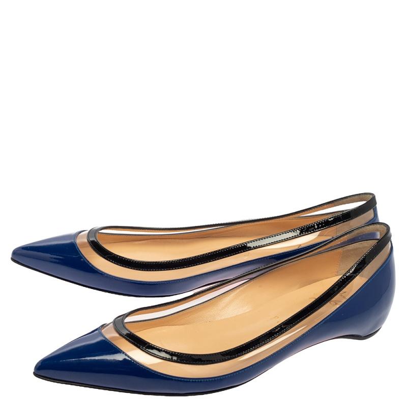 Women's Christian Louboutin Blue/Black Patent Leather And PVC Paulina Flats Size 37.5