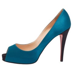 Christian Louboutin Bleu/Noir Satin Very Prive Peep Toe Platform Pumps Size 40