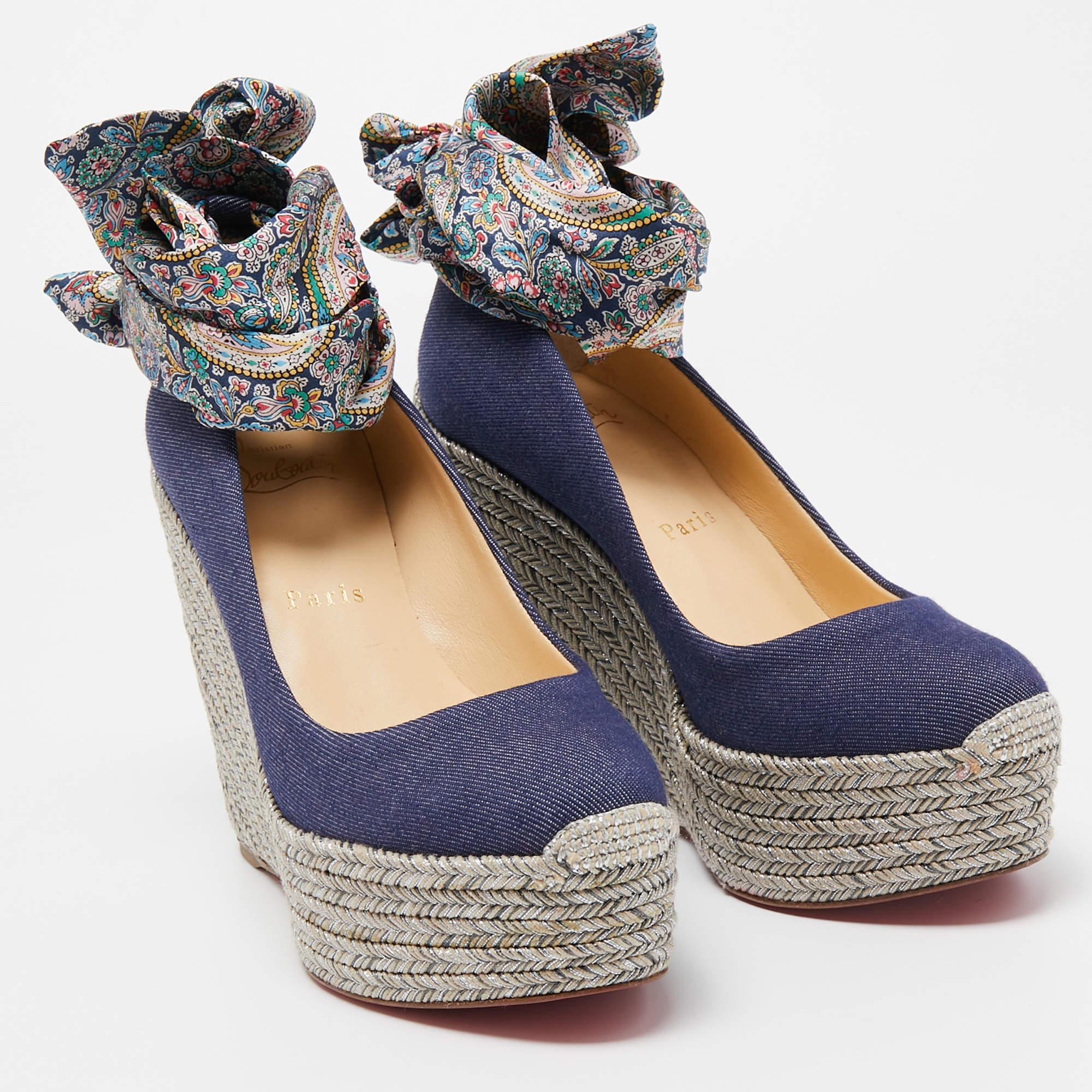 Women's Christian Louboutin Blue Denim and Printed Fabric Barbaria Zeppa Ankle Tie Pumps For Sale