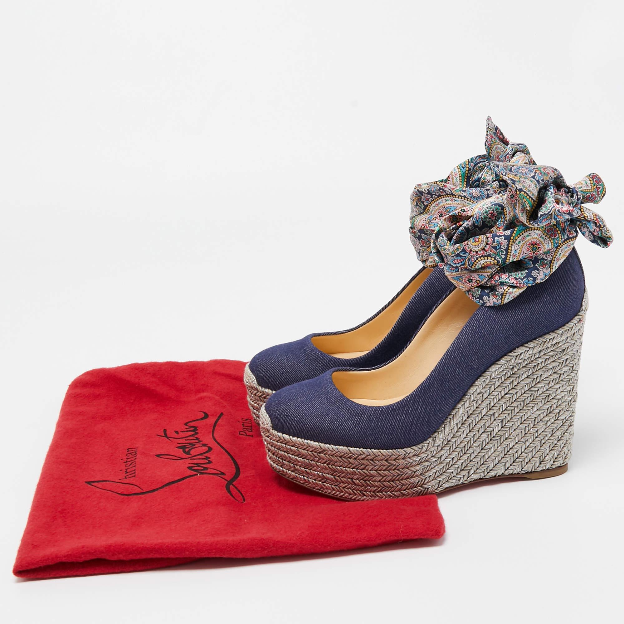 Christian Louboutin Blue Denim and Printed Fabric Barbaria Zeppa Ankle Tie Pumps For Sale 2