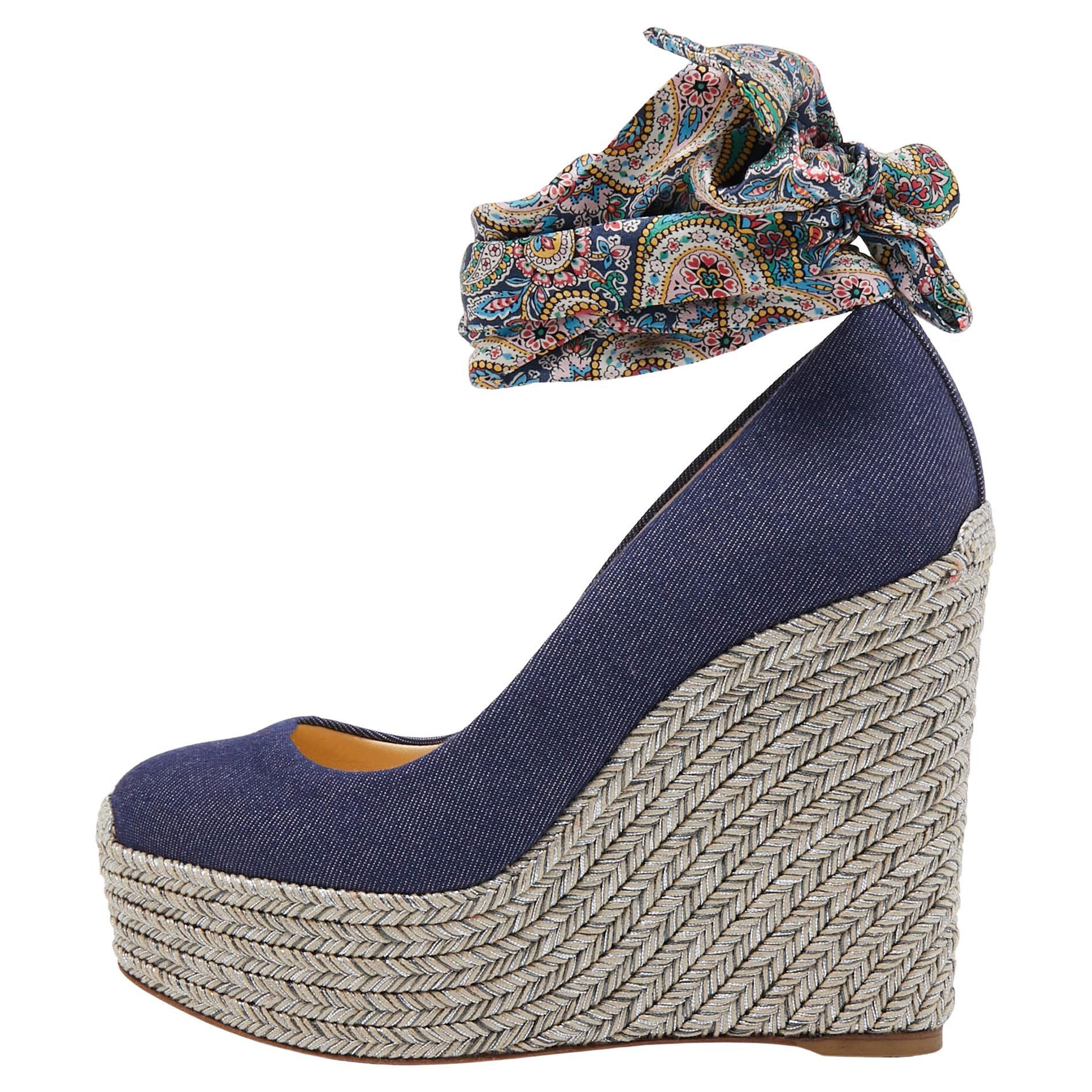 Christian Louboutin Blue Denim and Printed Fabric Barbaria Zeppa Ankle Tie Pumps For Sale