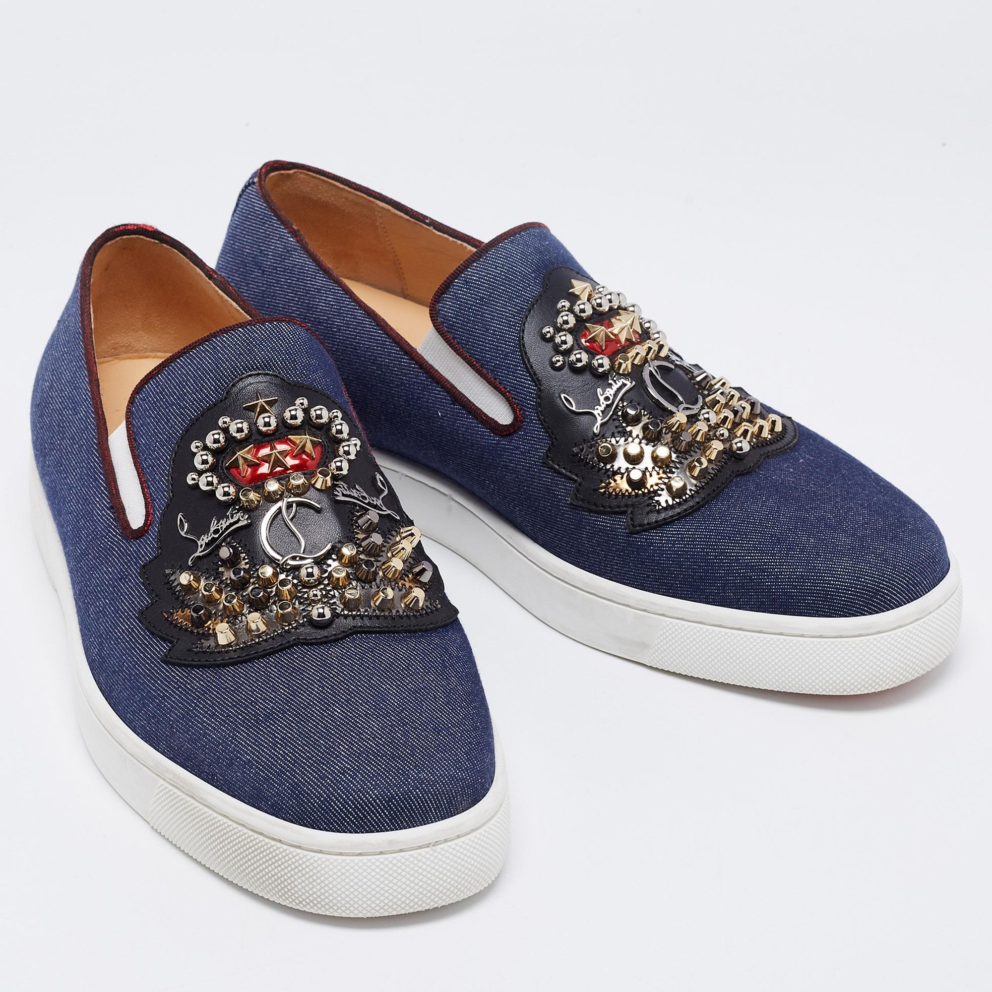 Christian Louboutin Blue Denim Embellished Slip-On Sneakers Size 39 1