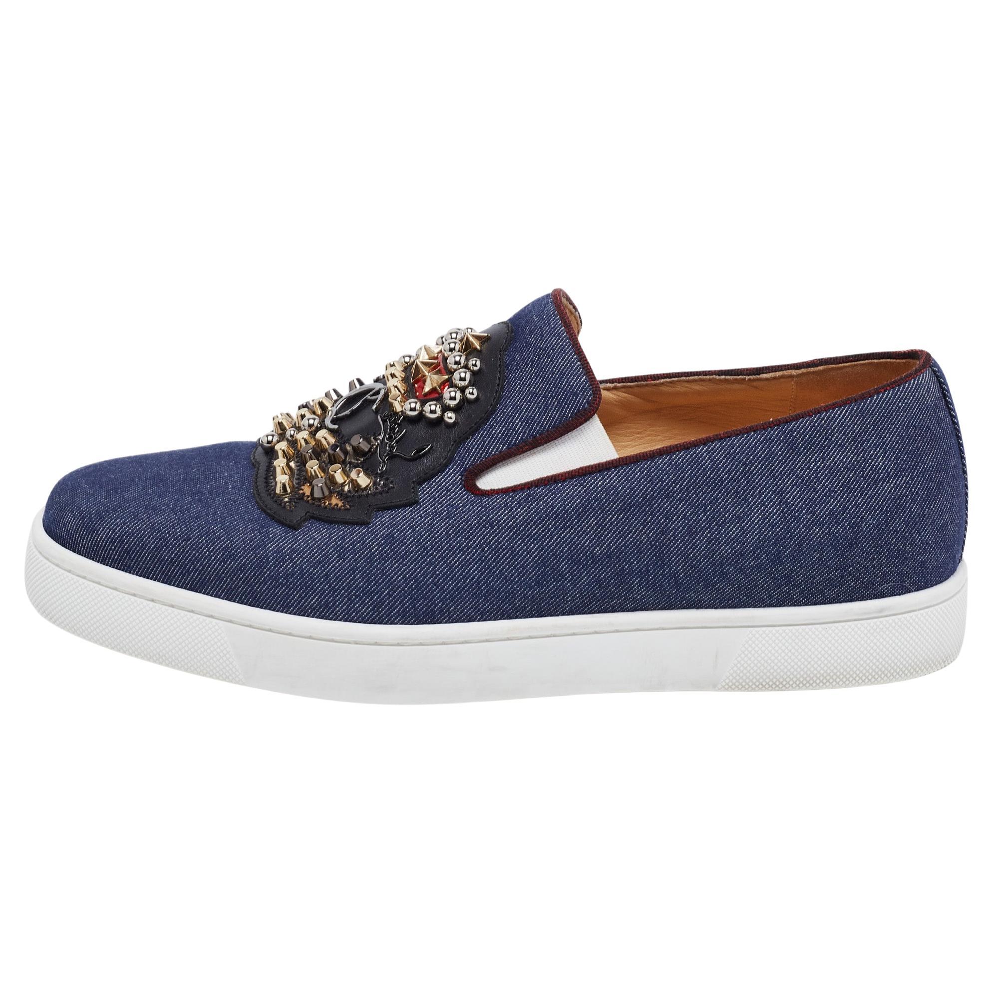 Christian Louboutin Blue Denim Embellished Slip-On Sneakers Size 39 For  Sale at 1stDibs