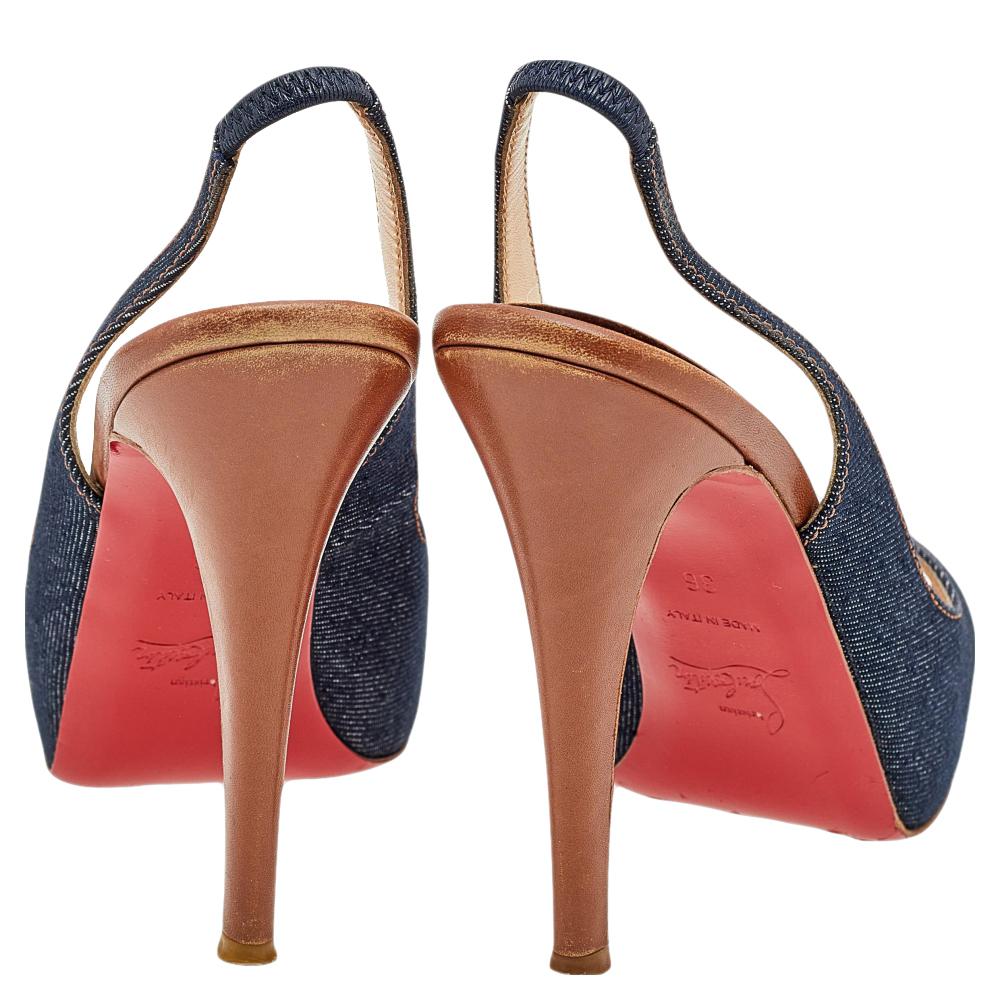 Brown Christian Louboutin Blue Denim Fabric Lady Peep Toe Platform Sandals Size 36 For Sale