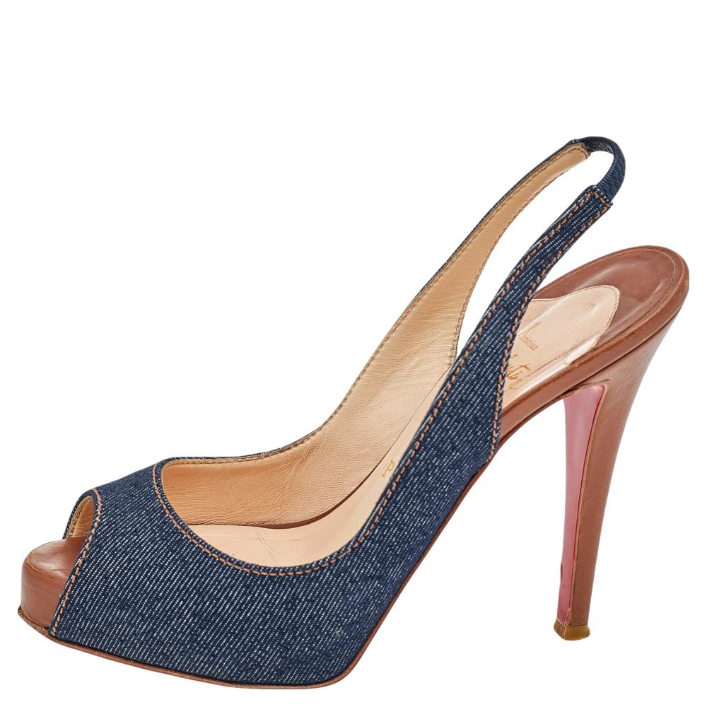 Women's Christian Louboutin Blue Denim Fabric Lady Peep Toe Platform Sandals Size 36 For Sale