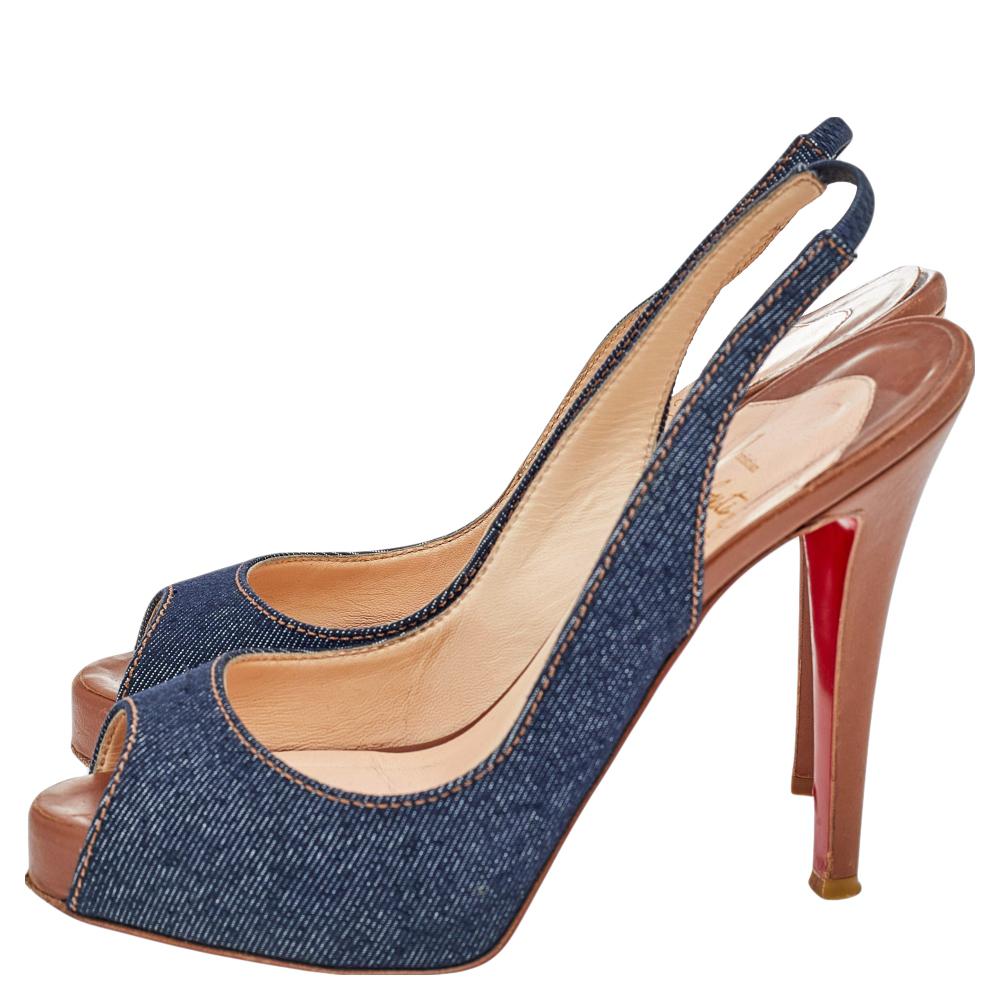 Christian Louboutin Blue Denim Fabric Lady Peep Toe Platform Sandals Size 36 For Sale 2