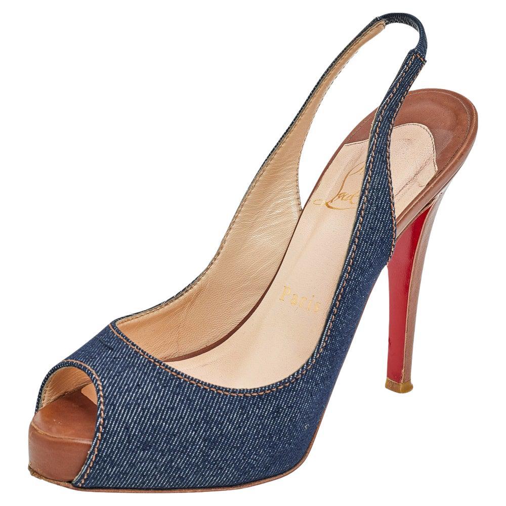 Christian Louboutin Blue Denim Fabric Lady Peep Toe Platform Sandals Size 36 For Sale
