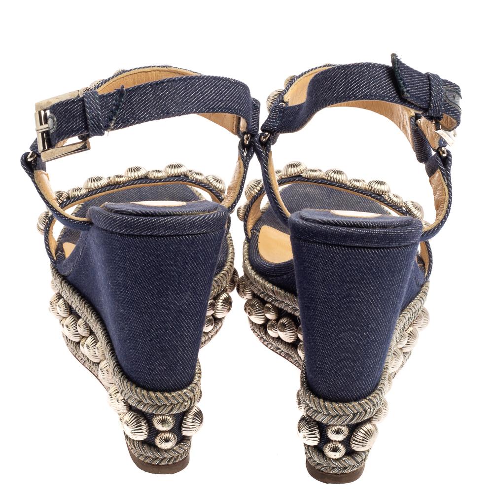 Women's Christian Louboutin Blue Denim Fabric Rondaclou Wedge Sandals Size 36