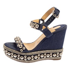 Christian Louboutin Blue Denim Fabric Rondaclou Wedge Sandals Size 36