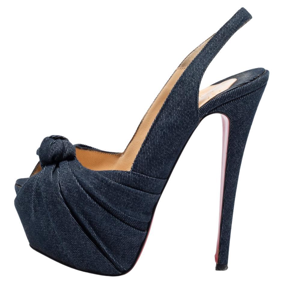 Christian Louboutin Blue Denim Jenny Knotted Slingback Platform Sandal Size 38.5