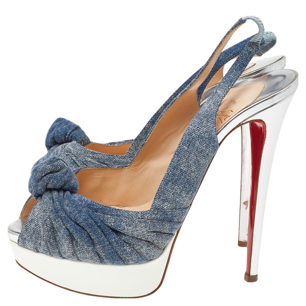 Gray Christian Louboutin Blue Denim Jenny Knotted Slingback Platform Sandals Size 39 For Sale