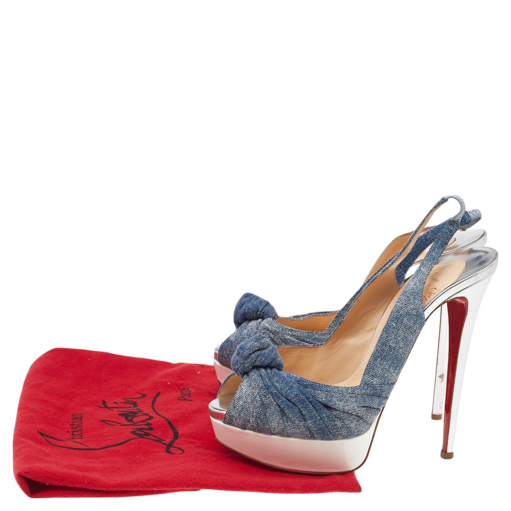 Women's Christian Louboutin Blue Denim Jenny Knotted Slingback Platform Sandals Size 39 For Sale