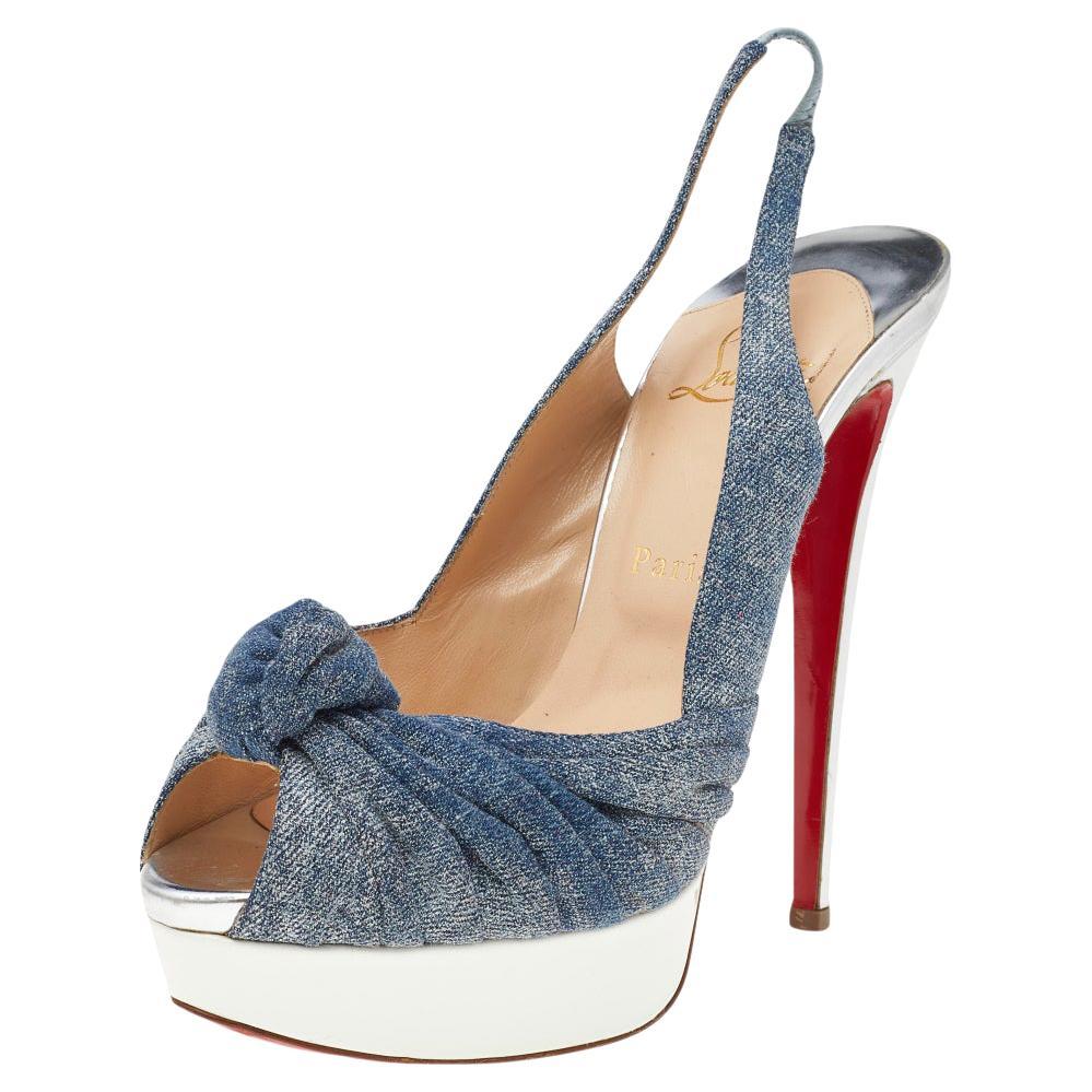 Christian Louboutin Blue Denim Jenny Knotted Slingback Platform Sandals Size 39 For Sale