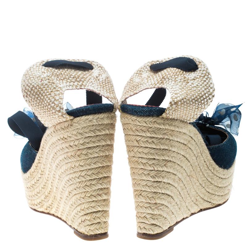 Black Christian Louboutin Blue Denim Mini Me Ankle Wrap Espadrille Wedge Sandals Size 