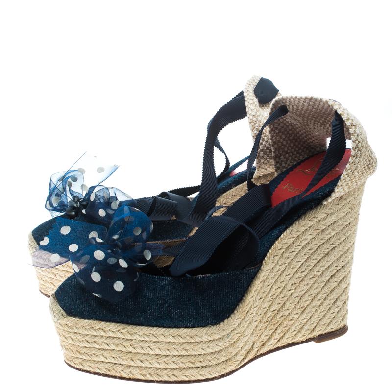 Christian Louboutin Blue Denim Mini Me Ankle Wrap Espadrille Wedge Sandals Size  In Good Condition In Dubai, Al Qouz 2