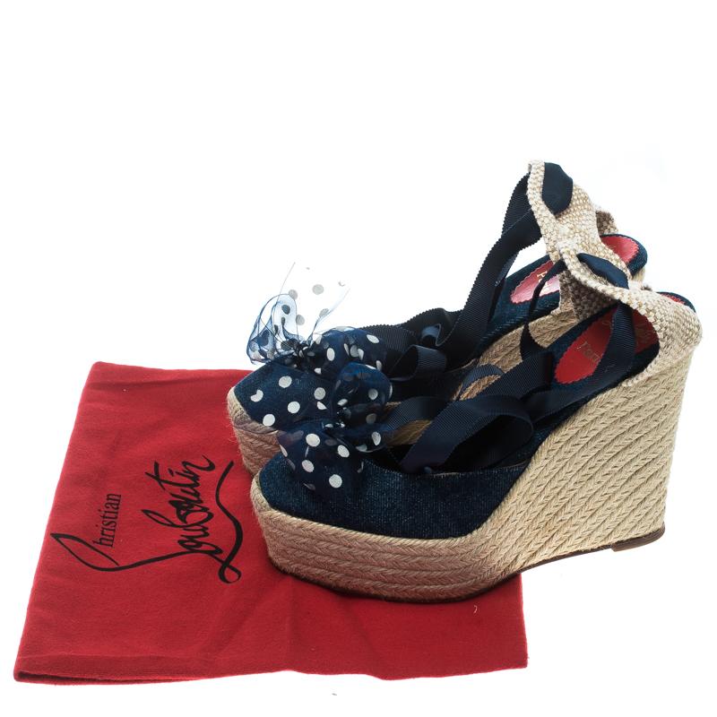 Women's Christian Louboutin Blue Denim Mini Me Ankle Wrap Espadrille Wedge Sandals Size 