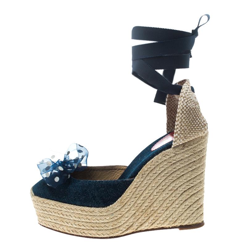 Christian Louboutin Blue Denim Mini Me Ankle Wrap Espadrille Wedge Sandals Size  2