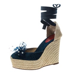 Christian Louboutin Blue Denim Mini Me Ankle Wrap Espadrille Wedge Sandals Size 