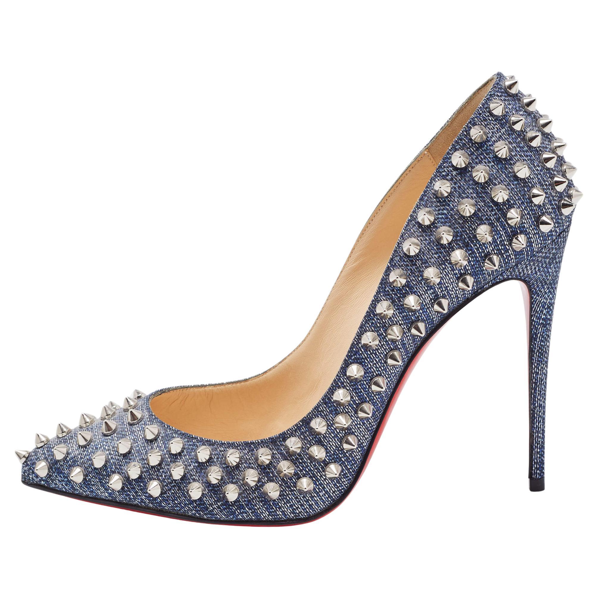 Christian Louboutin Blue Denim Pigalle Follies Spikes Pumps Size 38