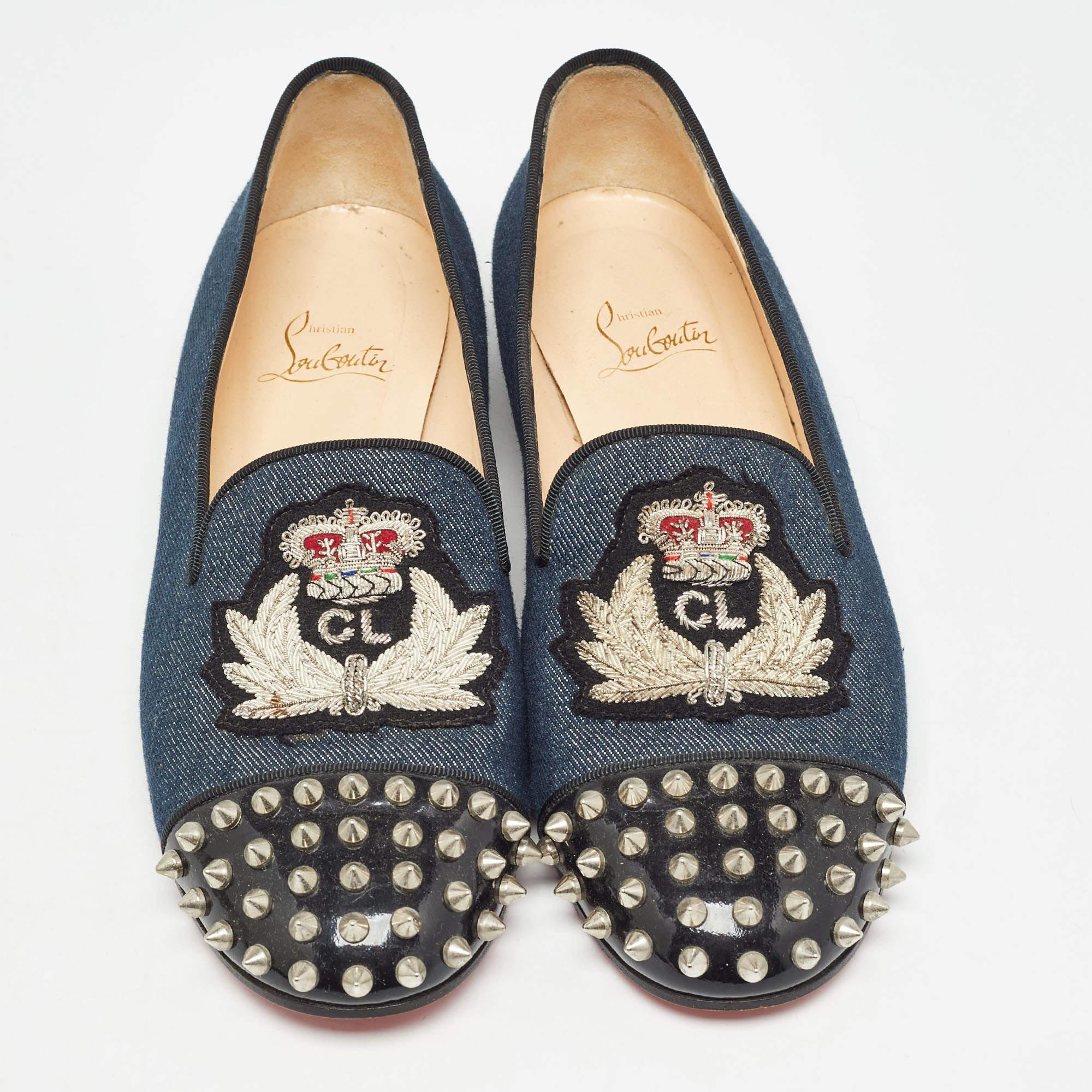 Black Christian Louboutin Blue Denim Spike Smoking Slippers Size 38.5