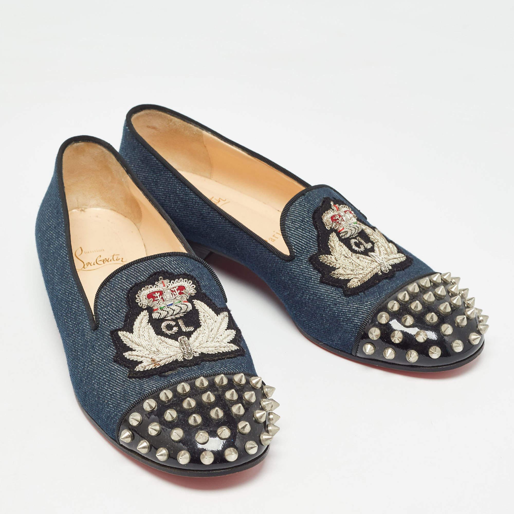 Christian Louboutin Blue Denim Spike Smoking Slippers Size 38.5 In Good Condition In Dubai, Al Qouz 2