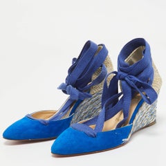 Christian Louboutin Blue/Gold Raffia and Suede Wedge Pumps Size 36