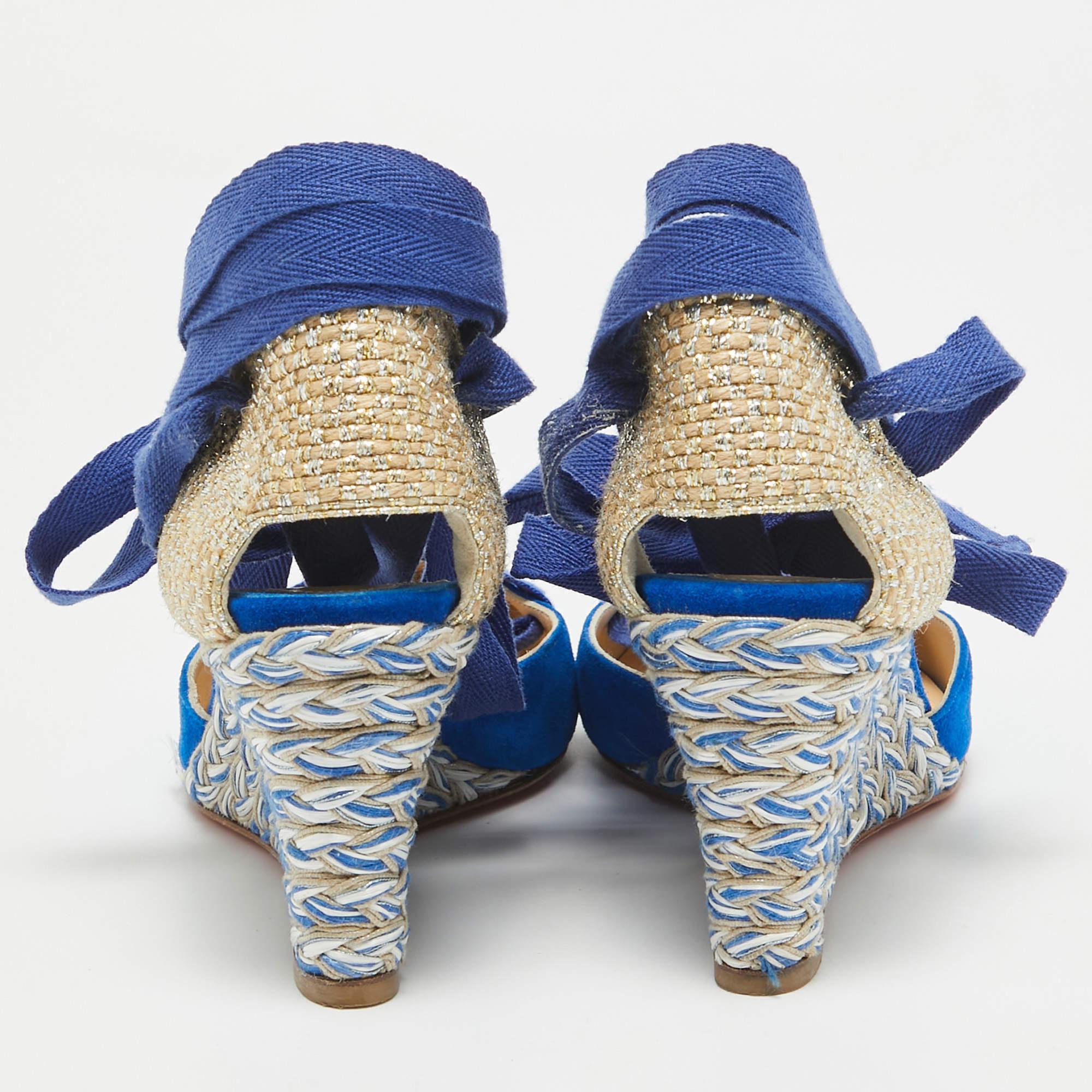 De las mujeres Christian Louboutin Bombas de cuña de rafia y ante azul/dorado talla 36 en venta