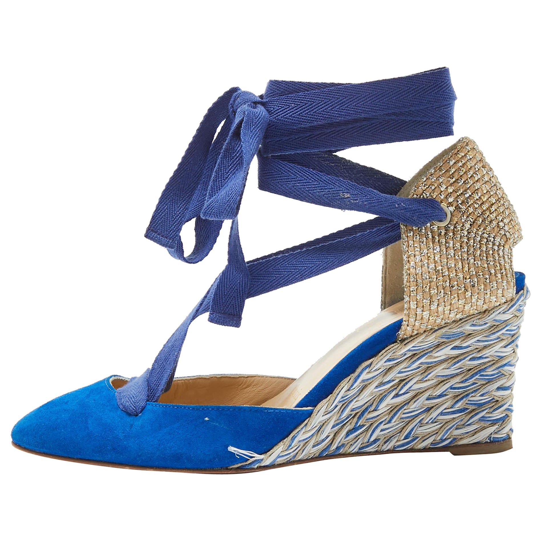 Christian Louboutin Blue/Gold Raffia and Suede Wedge Pumps Size 36
