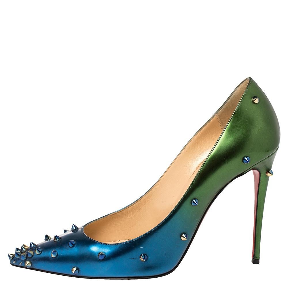 Christian Louboutin Blue/Green Patent Leather Degraspike Ombre Pumps Size 39 In Good Condition In Dubai, Al Qouz 2