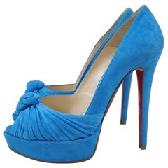 Christian Louboutin Blue Greissimo Suede Knot Peep Toe Platform Pumps