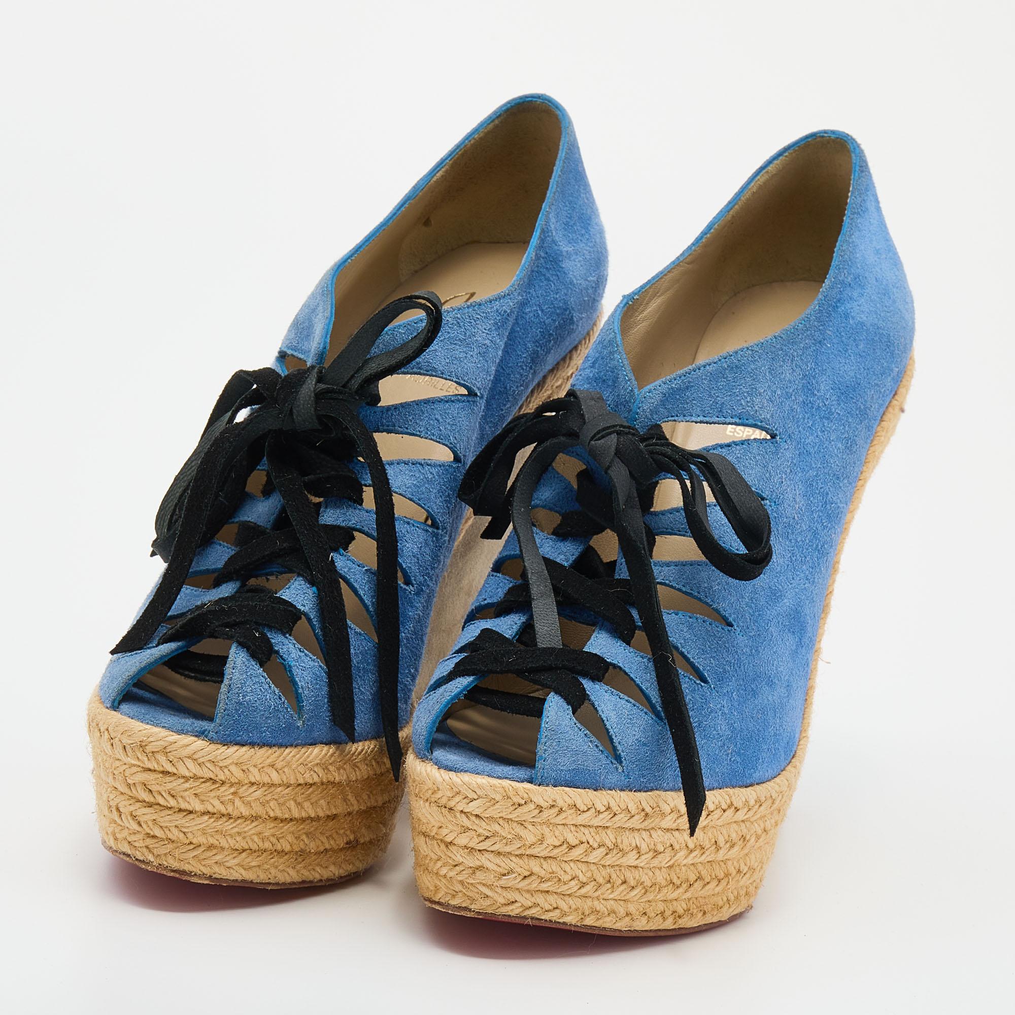 Christian Louboutin Blue/Grey Suede Lace Up Espadrille Wedge Sandals Size 37 In Good Condition For Sale In Dubai, Al Qouz 2