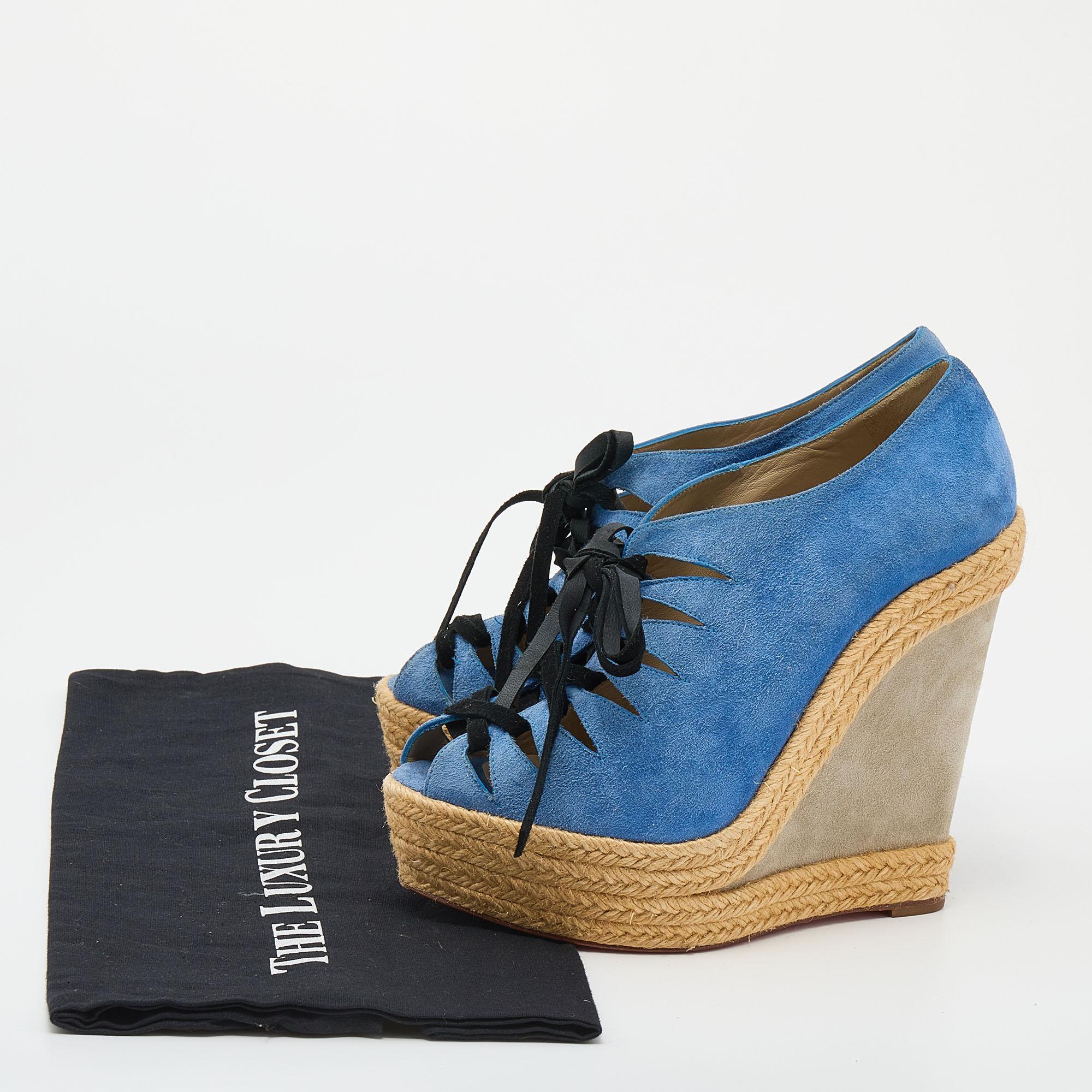 Christian Louboutin Blue/Grey Suede Lace Up Espadrille Wedge Sandals Size 37 For Sale 2