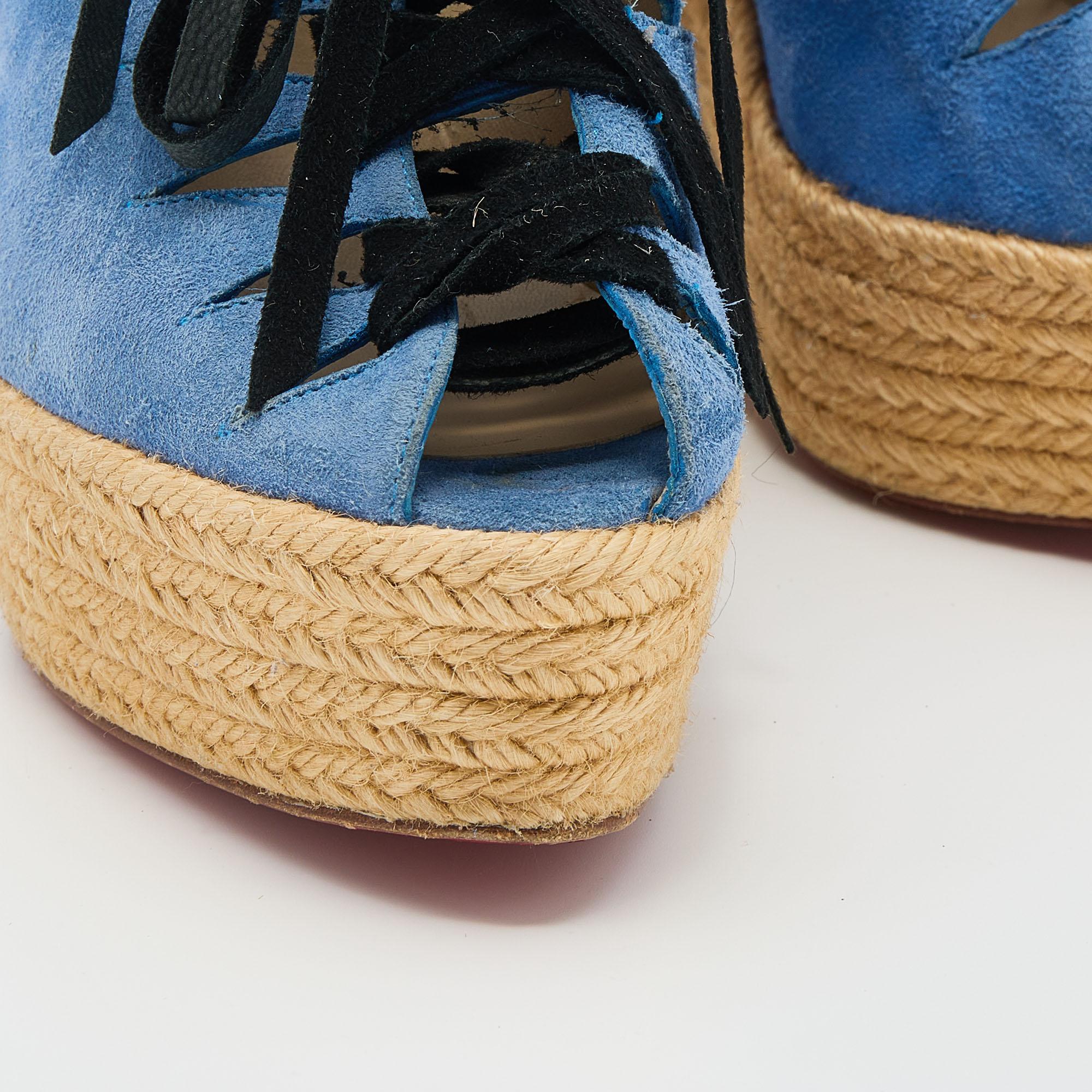 Christian Louboutin Blue/Grey Suede Lace Up Espadrille Wedge Sandals Size 37 For Sale 3