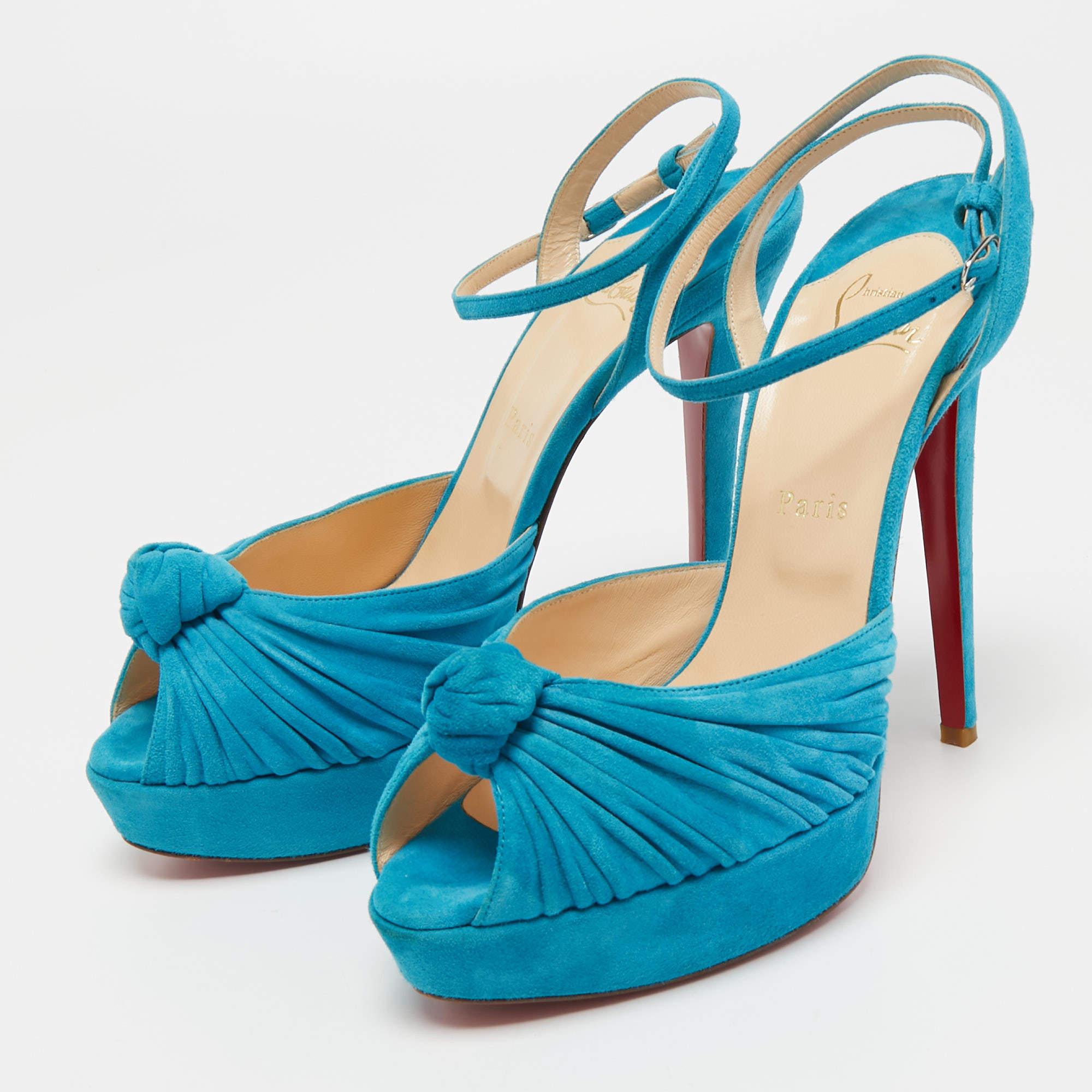 Women's Christian Louboutin Blue Knotted Suede Greissimo Ankle Strap Sandals Size 40.5 For Sale