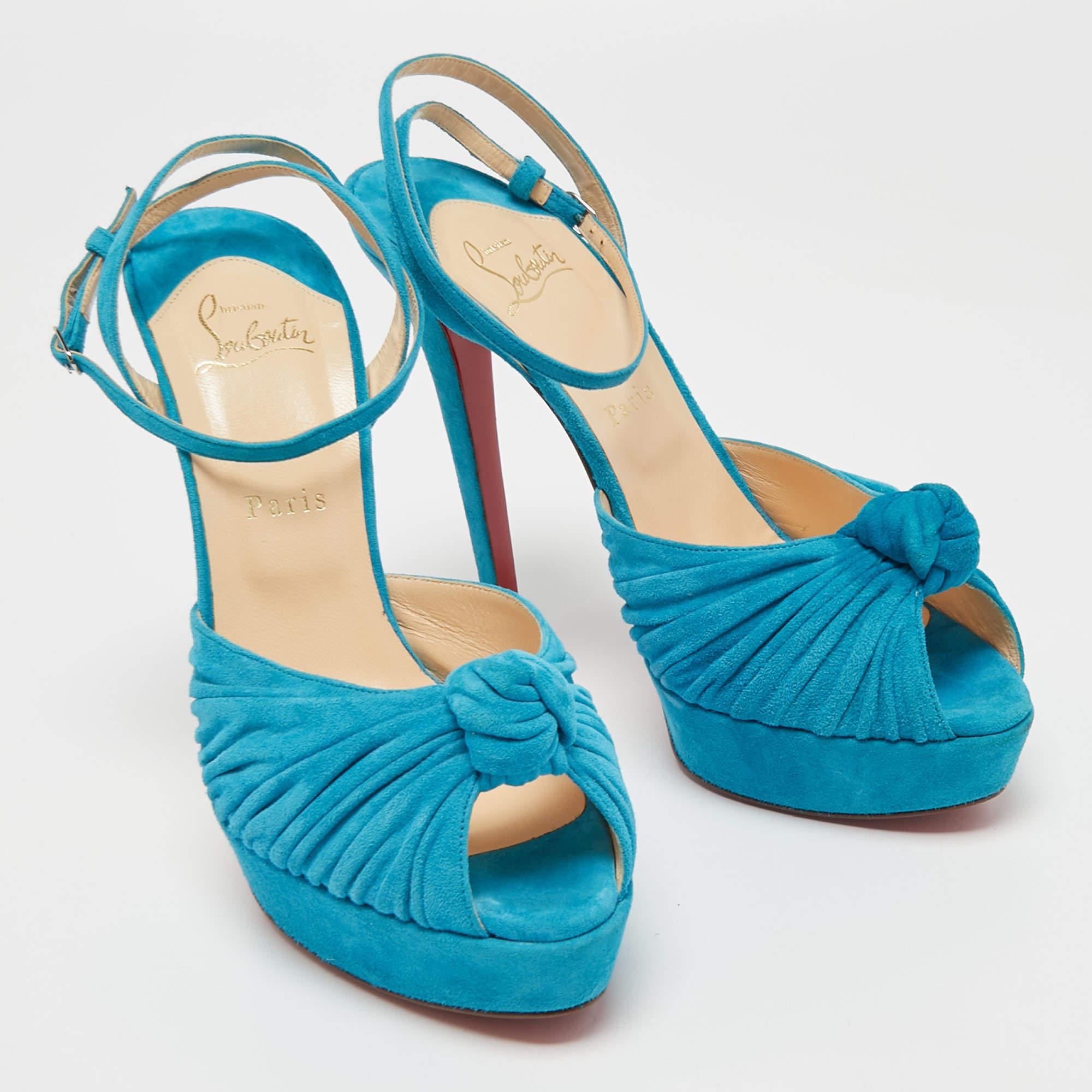 Christian Louboutin Blue Knotted Suede Greissimo Ankle Strap Sandals Size 40.5 For Sale 1