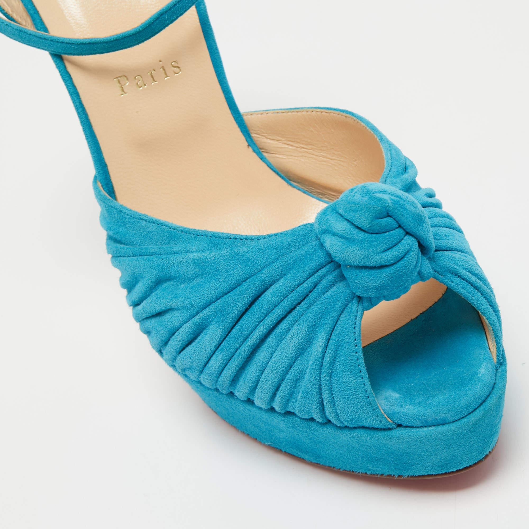 Christian Louboutin Blue Knotted Suede Greissimo Ankle Strap Sandals Size 40.5 For Sale 3