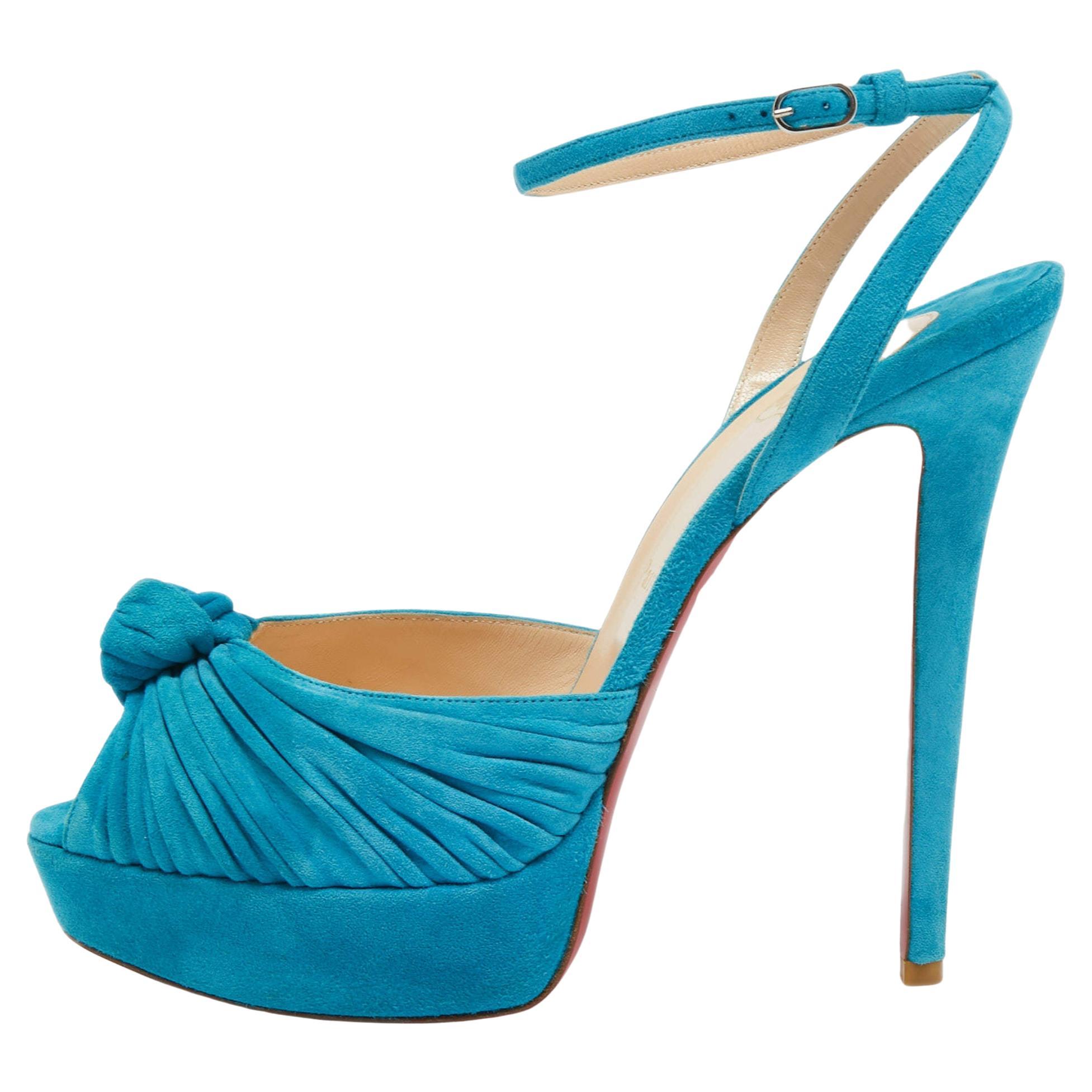 Christian Louboutin Blue Knotted Suede Greissimo Ankle Strap Sandals Size 40.5 For Sale