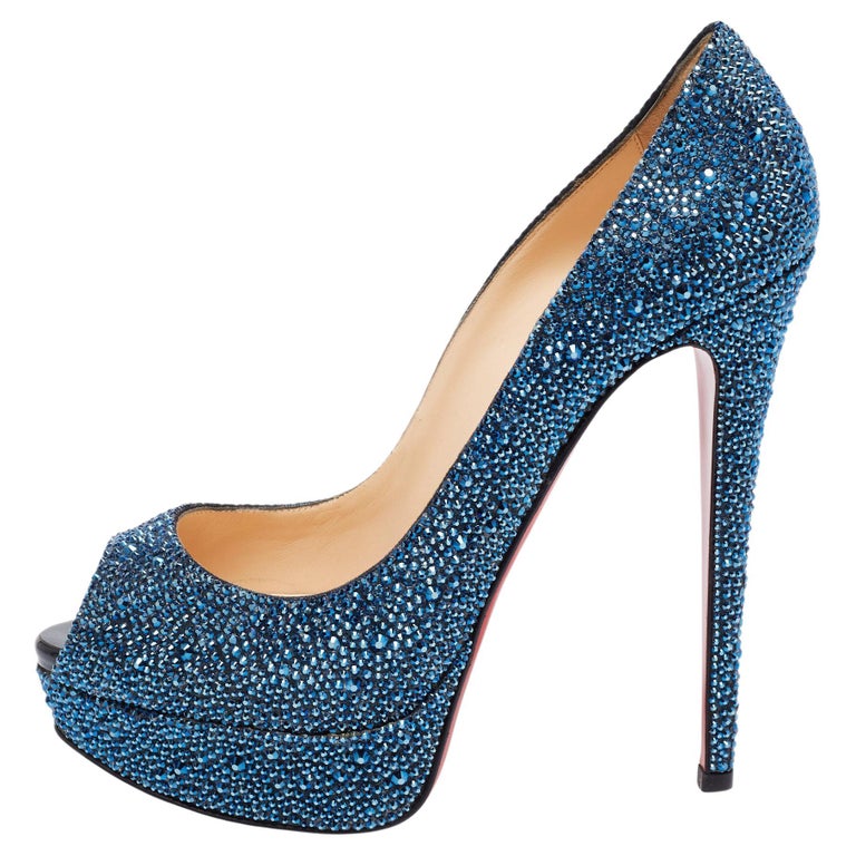 Tillid Vie overtale Christian Louboutin Blue Leather Crystal Lady Peep-Toe Platform Pump Size  39.5 For Sale at 1stDibs | blue crystal heels, blue red bottom heels, christian  louboutin lady peep