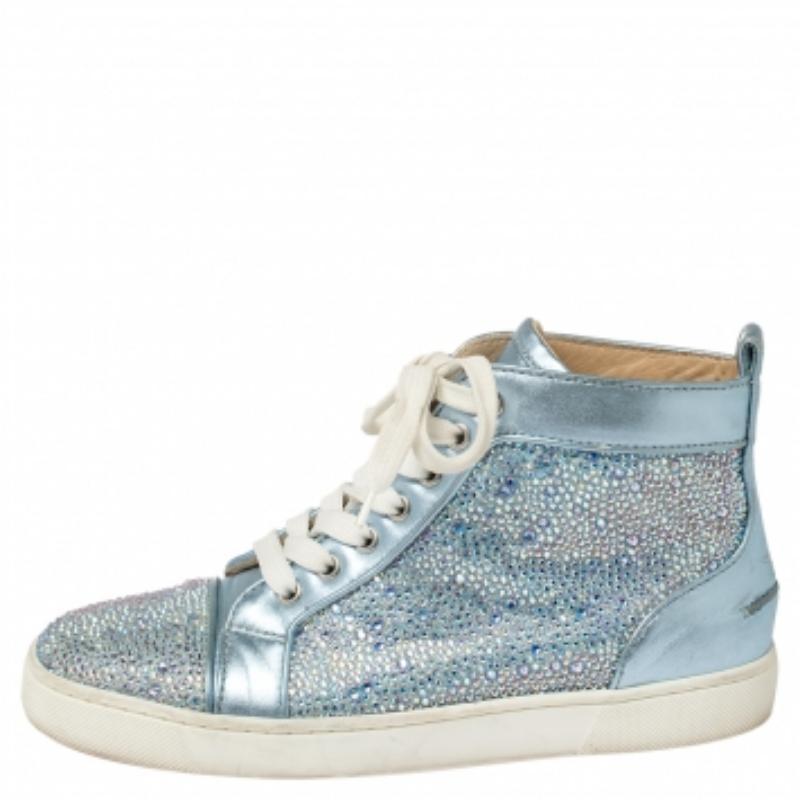 Gray Christian Louboutin Blue Leather Embellished High Top Sneakers Size 38 For Sale