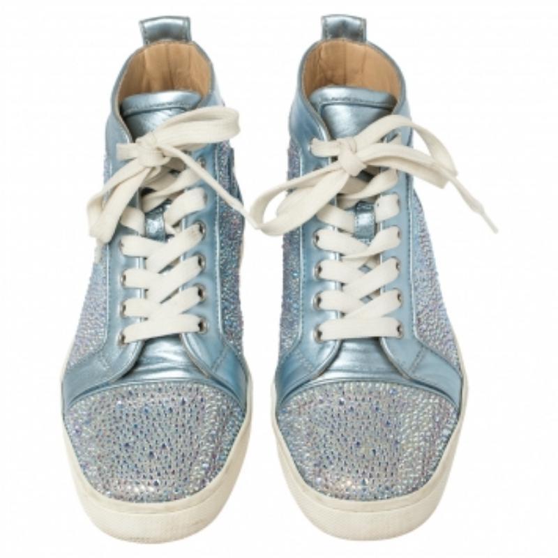 Christian Louboutin Blue Leather Embellished High Top Sneakers Size 38 In Good Condition For Sale In Dubai, Al Qouz 2