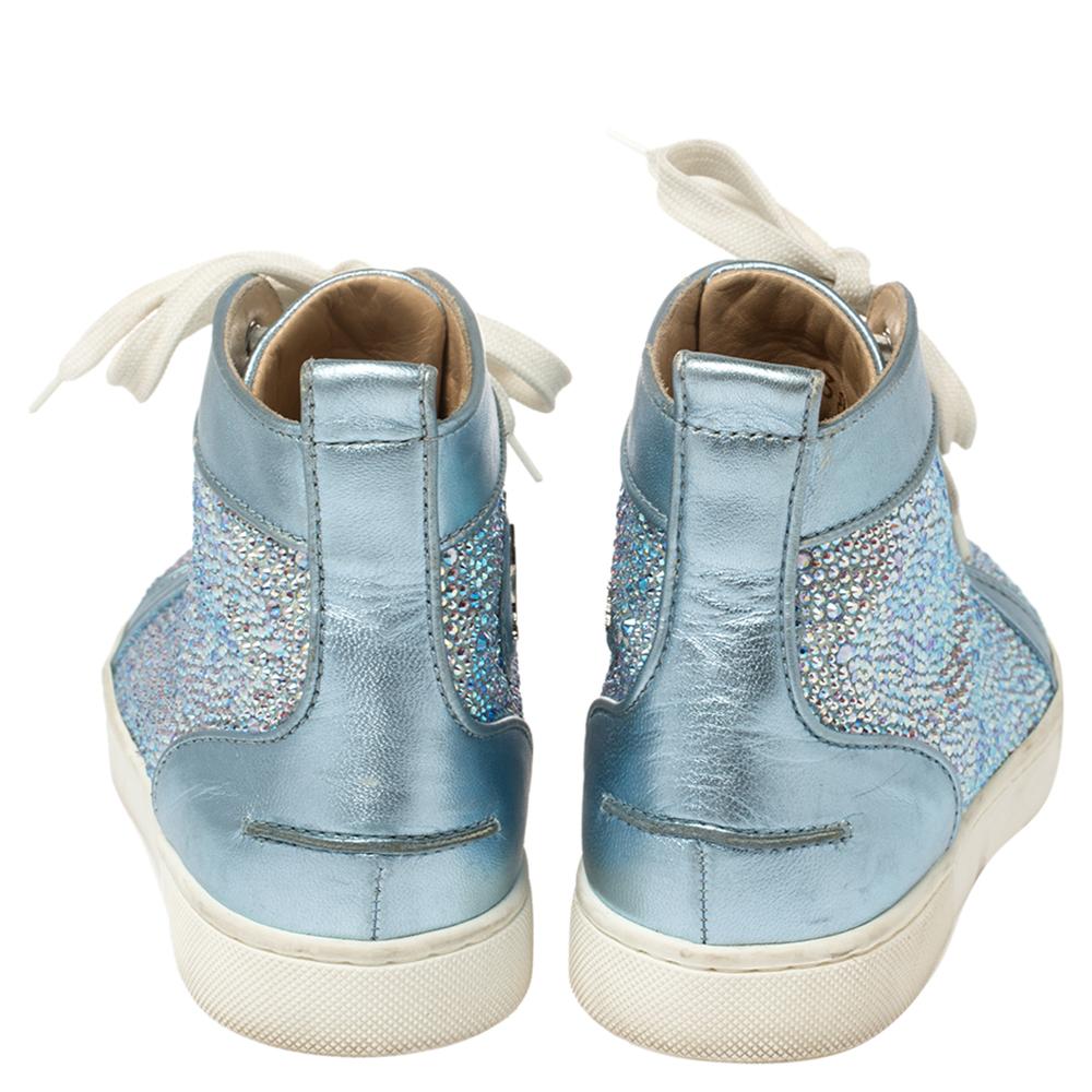 Gray Christian Louboutin Blue Leather Embellished High Top Sneakers Size 38