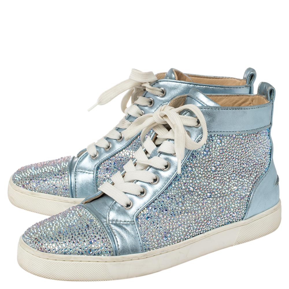 Christian Louboutin Blue Leather Embellished High Top Sneakers Size 38 In Good Condition For Sale In Dubai, Al Qouz 2