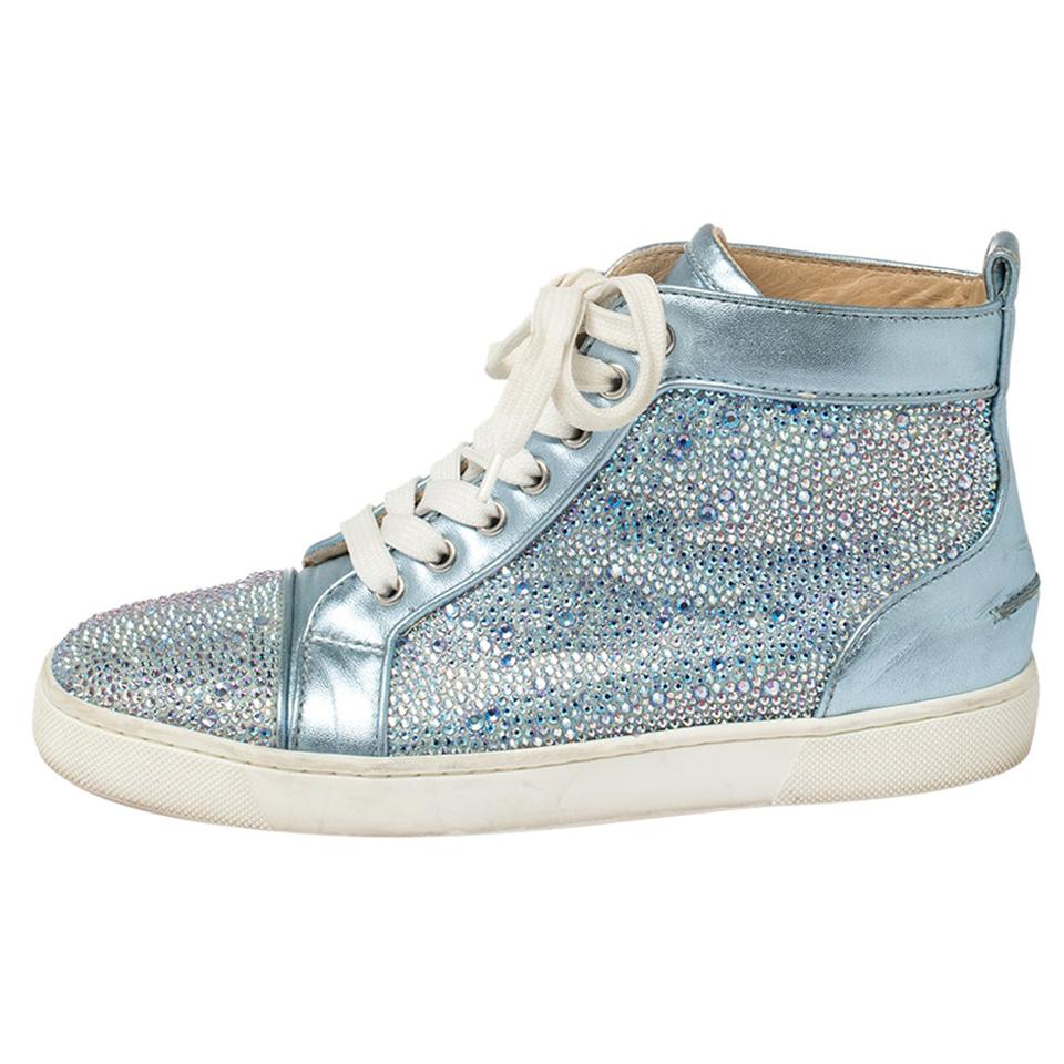 Christian Louboutin Blue Leather Embellished High Top Sneakers Size 38