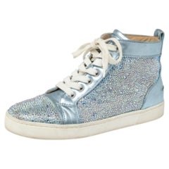 Christian Louboutin Blue Leather Embellished High Top Sneakers Size 38