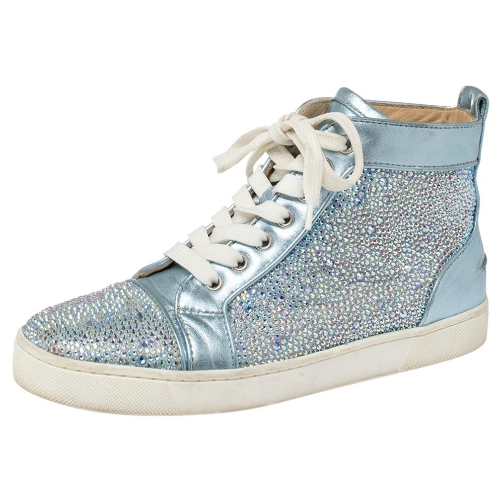 Christian Louboutin Blue Leather Embellished High Top Sneakers Size 38 For Sale